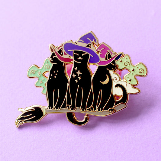 Broomstick Trio of Cats Enamel Pin – Halloween Collection