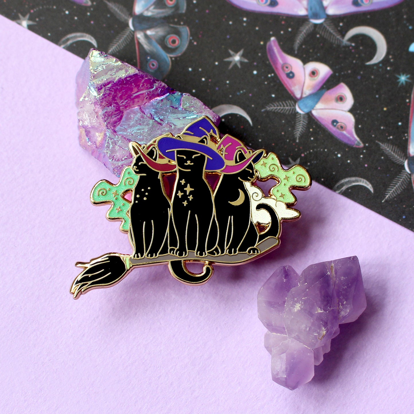Broomstick Trio of Cats Enamel Pin – Halloween Collection