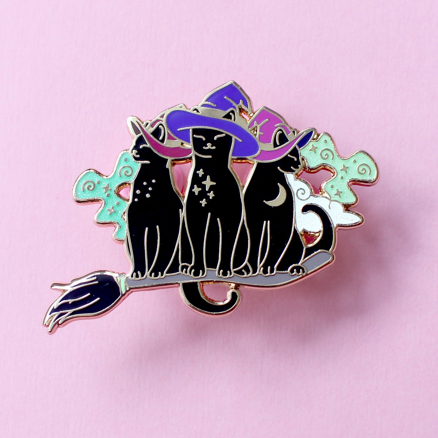 Broomstick Trio of Cats Enamel Pin – Halloween Collection