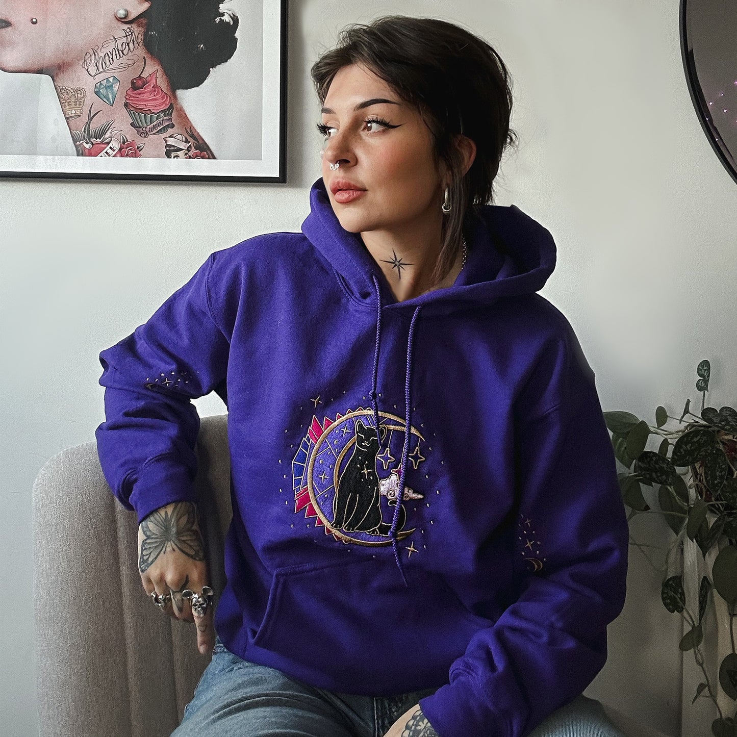Deco Moon Cat Embroidered Hoodie