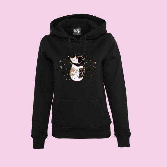 Women's Day & Night Hugging Cat Embroidered Hoodie