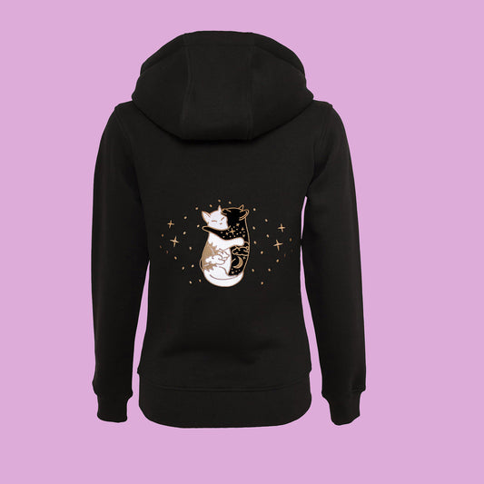 Women's Day & Night Hugging Cats Embroidered Zip-up Hoodie