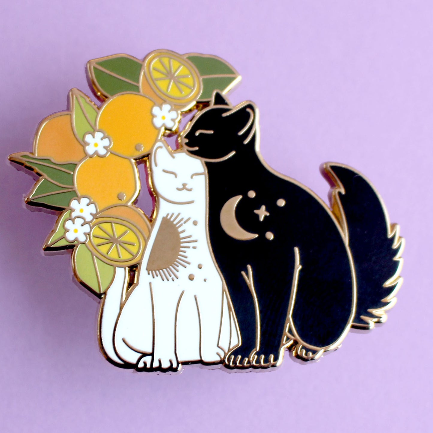 Snuggling cats enamel pin with oranges
