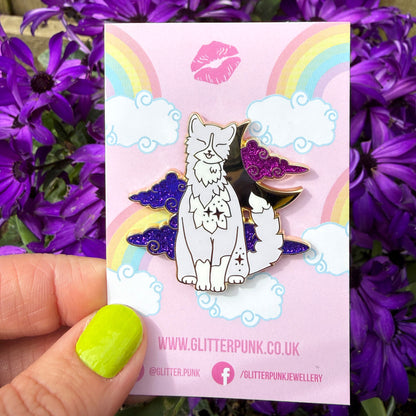 Fluffy Grey & White Cat Enamel Pin