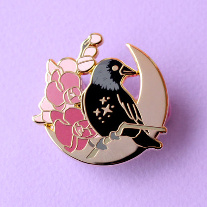 Floral Jackdaw Bird Enamel Pin