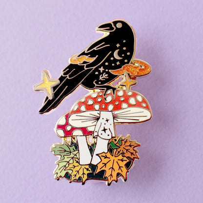 Mushroom Crow Enamel Pin