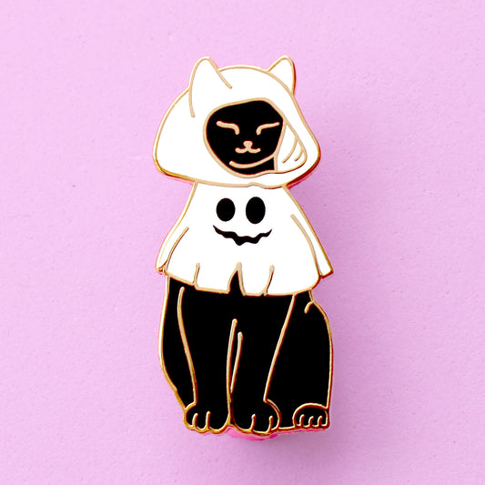 Cat in a Ghost Costume Enamel Pin – Halloween Collection