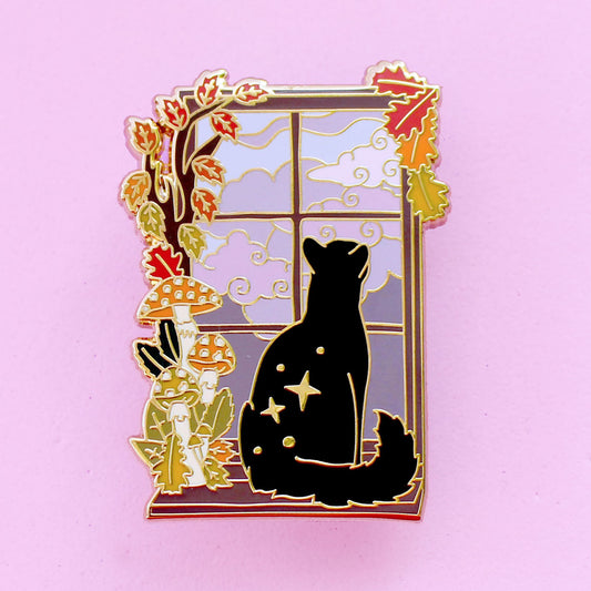 Fall Window Cat Enamel Pin – Autumn Fall Collection