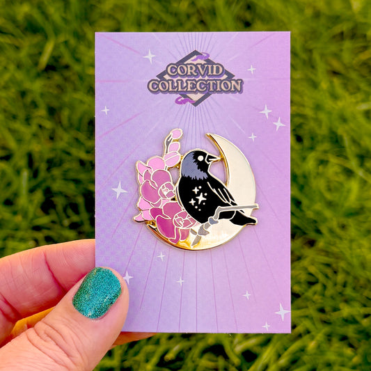 Floral Jackdaw Bird Enamel Pin