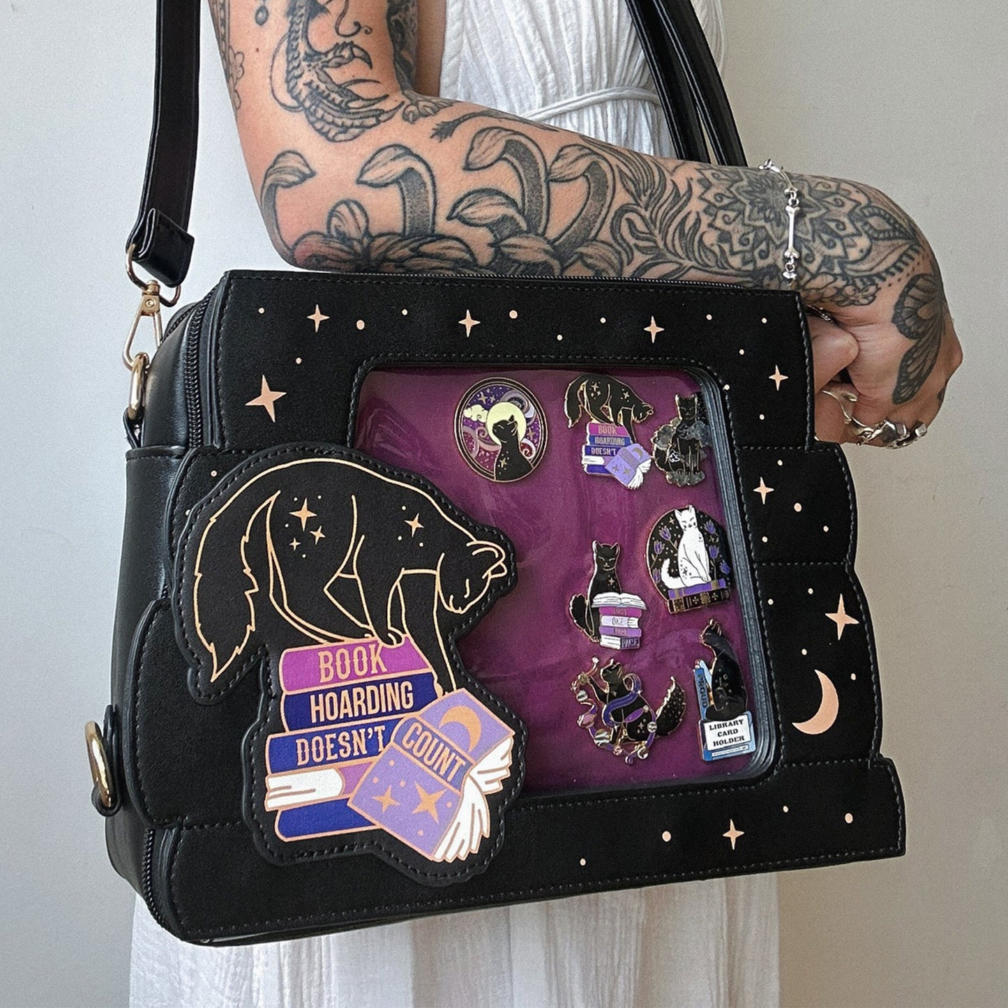 Book Hoarding Doesn't Count Cat Vegan Leather ITA Bag