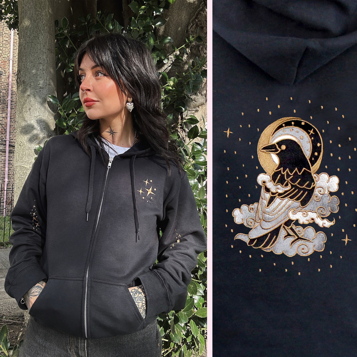 Cloud Crow Embroidered Zip-up Hoodie