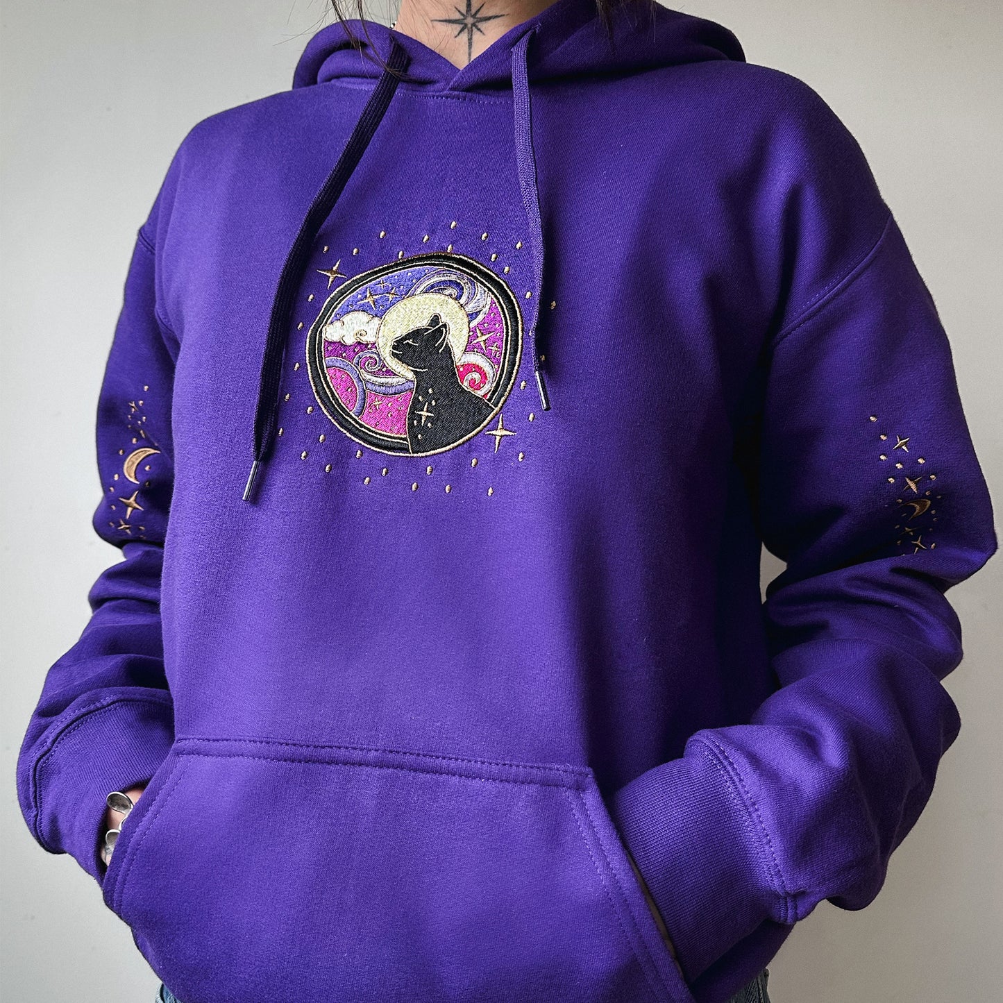 Cosmic Cat Embroidered Pullover Hoodie