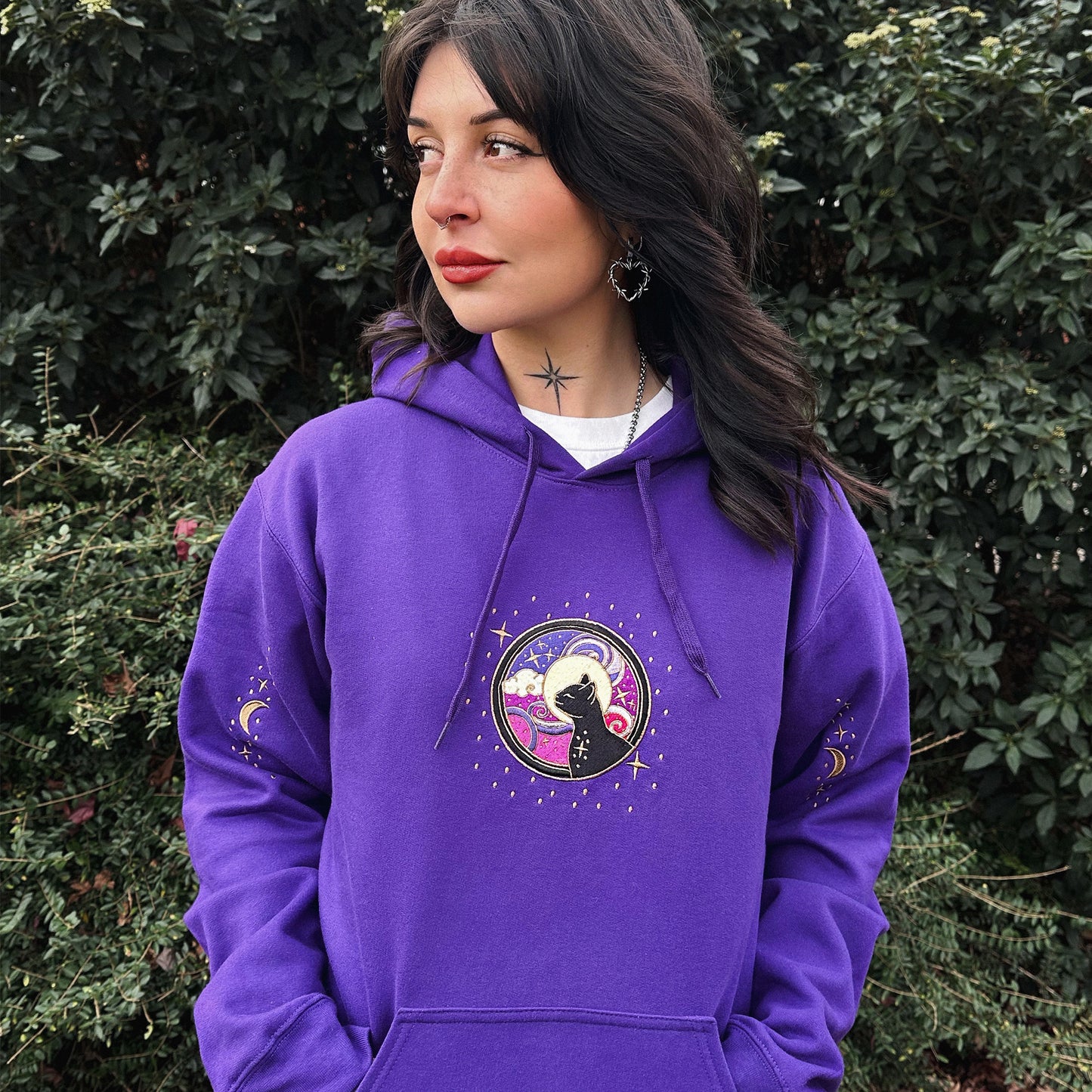 Cosmic Cat Embroidered Pullover Hoodie