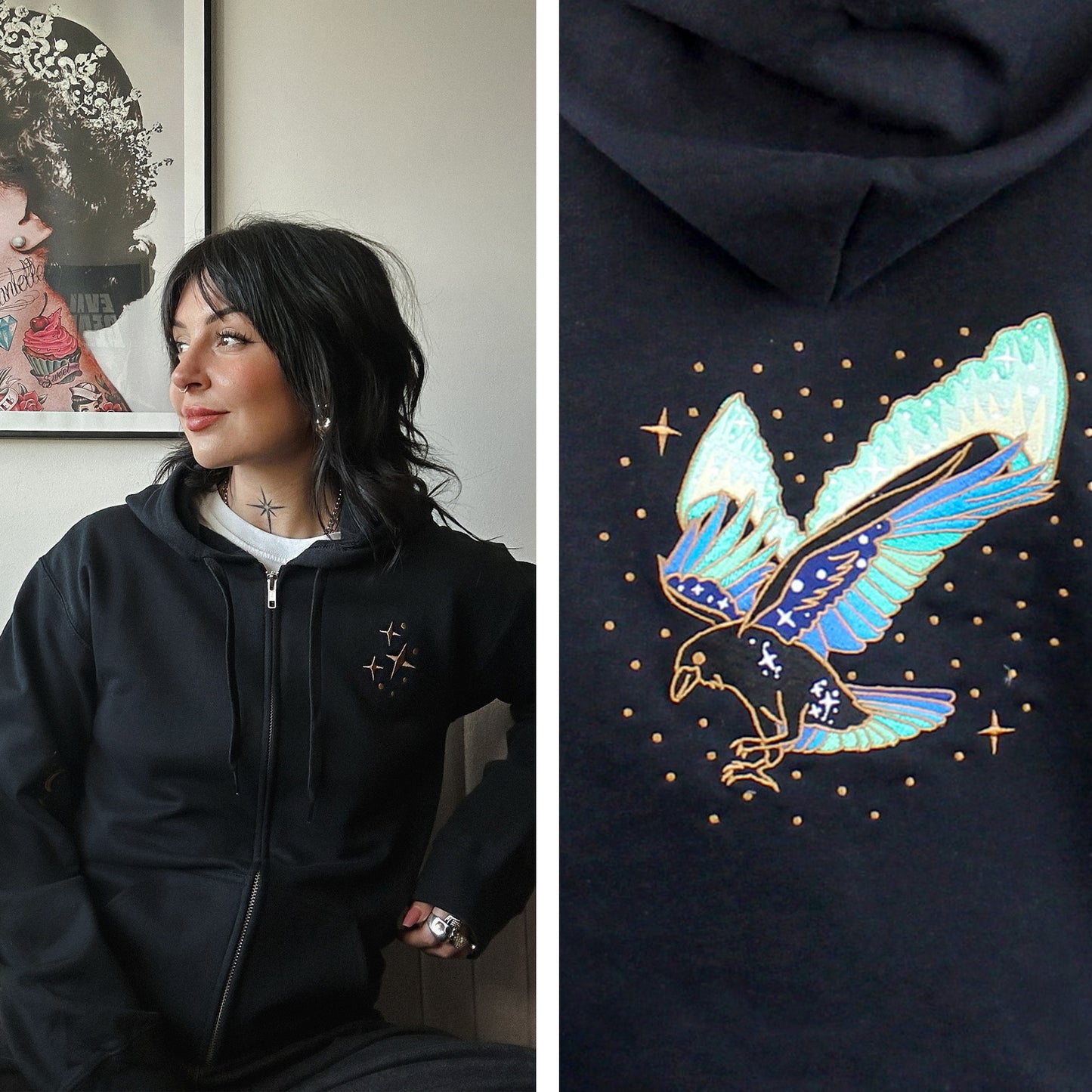 Northern Lights Raven Embroidered Zip-up Hoodie