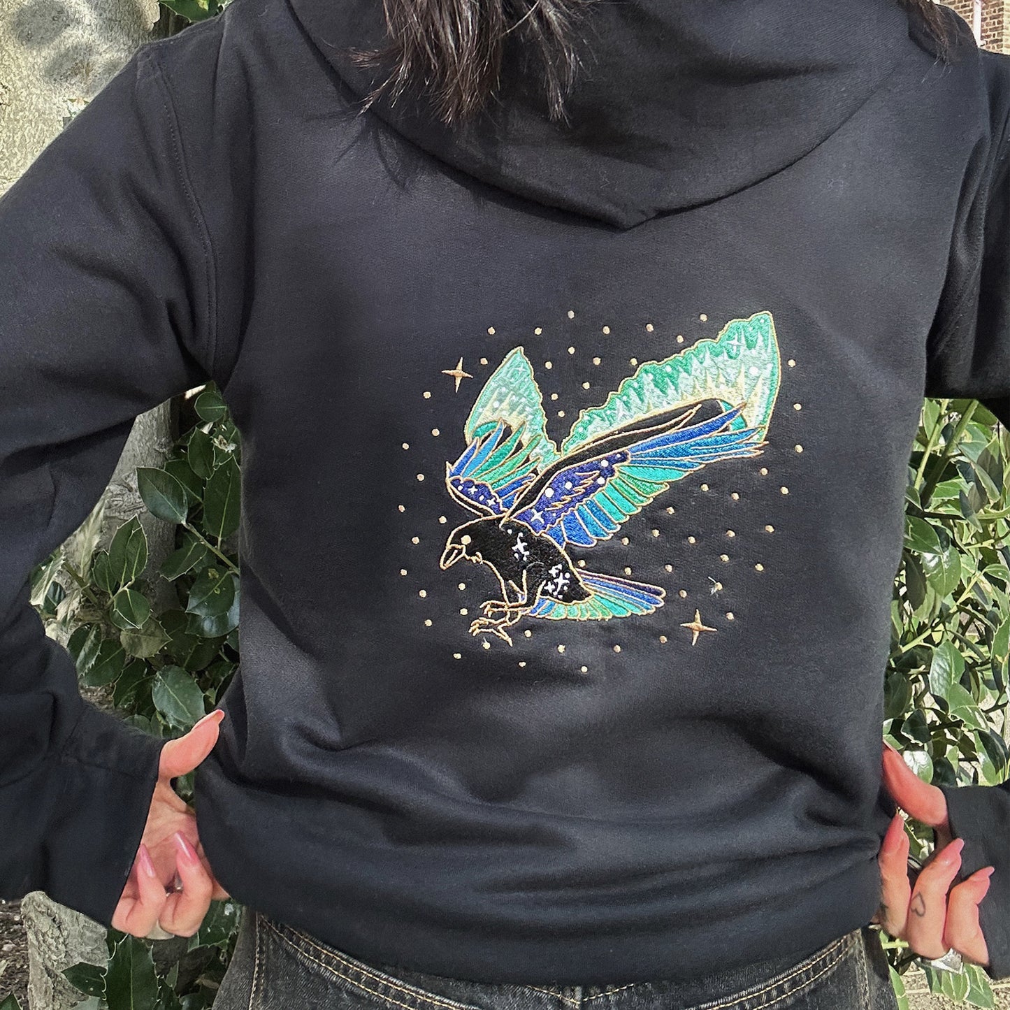 Northern Lights Raven Embroidered Zip-up Hoodie