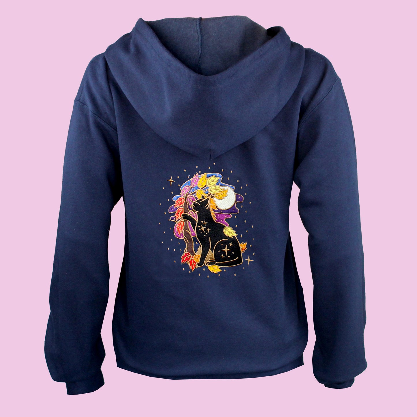 Fall Night Forest Cat Embroidered Zip-up Hoodie