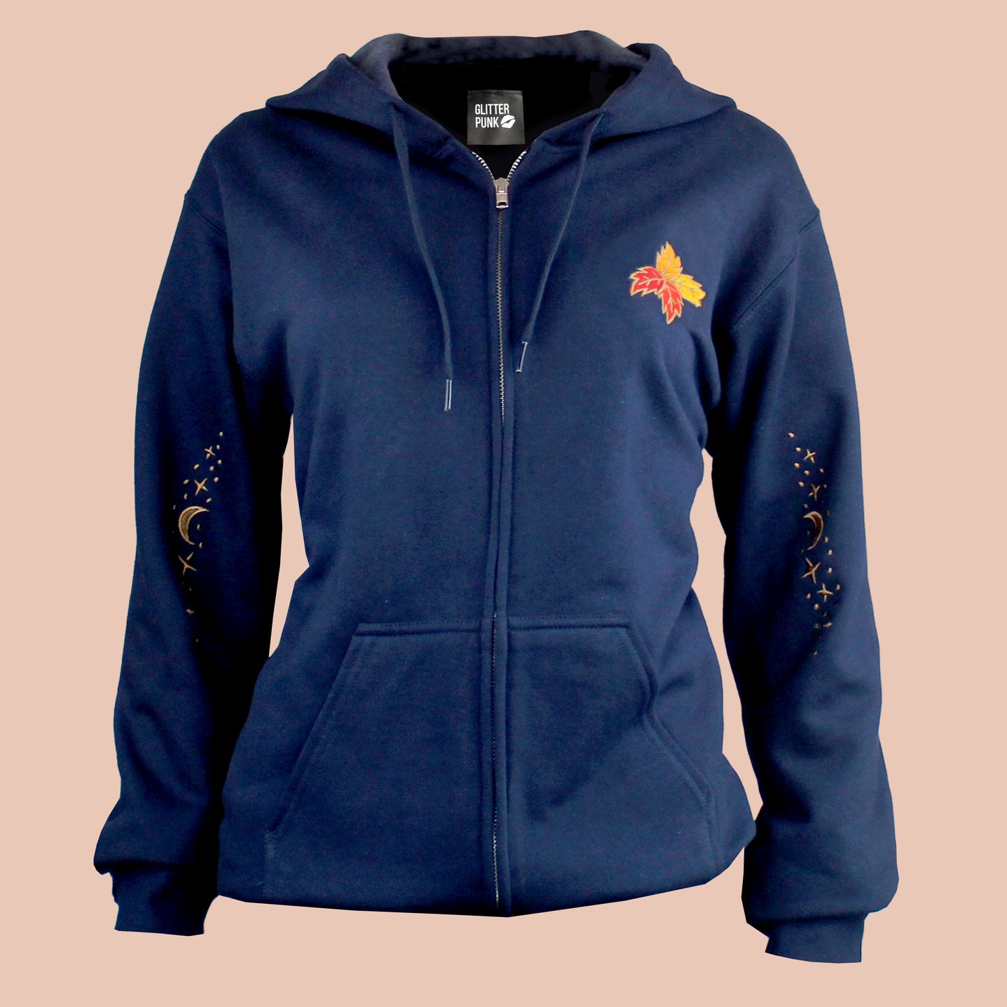 Fall Night Forest Cat Embroidered Zip-up Hoodie