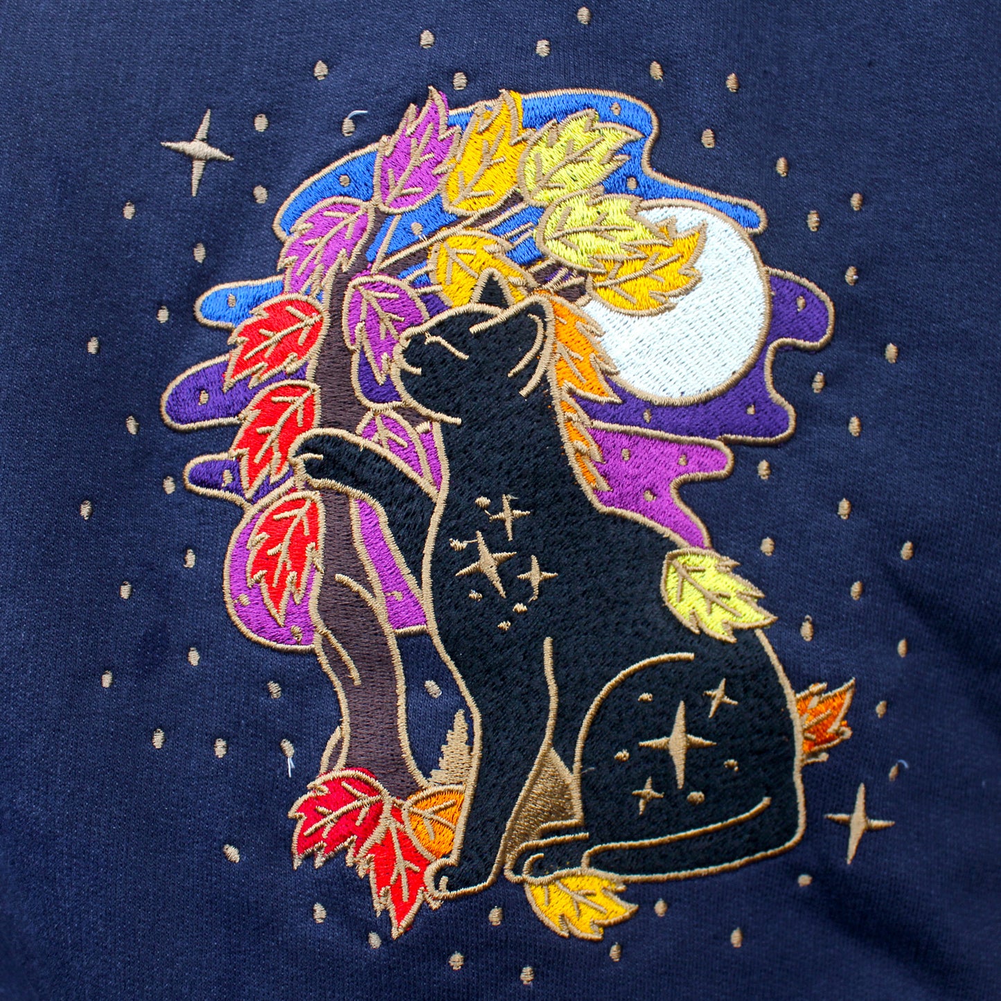Fall Night Forest Cat Embroidered Zip-up Hoodie