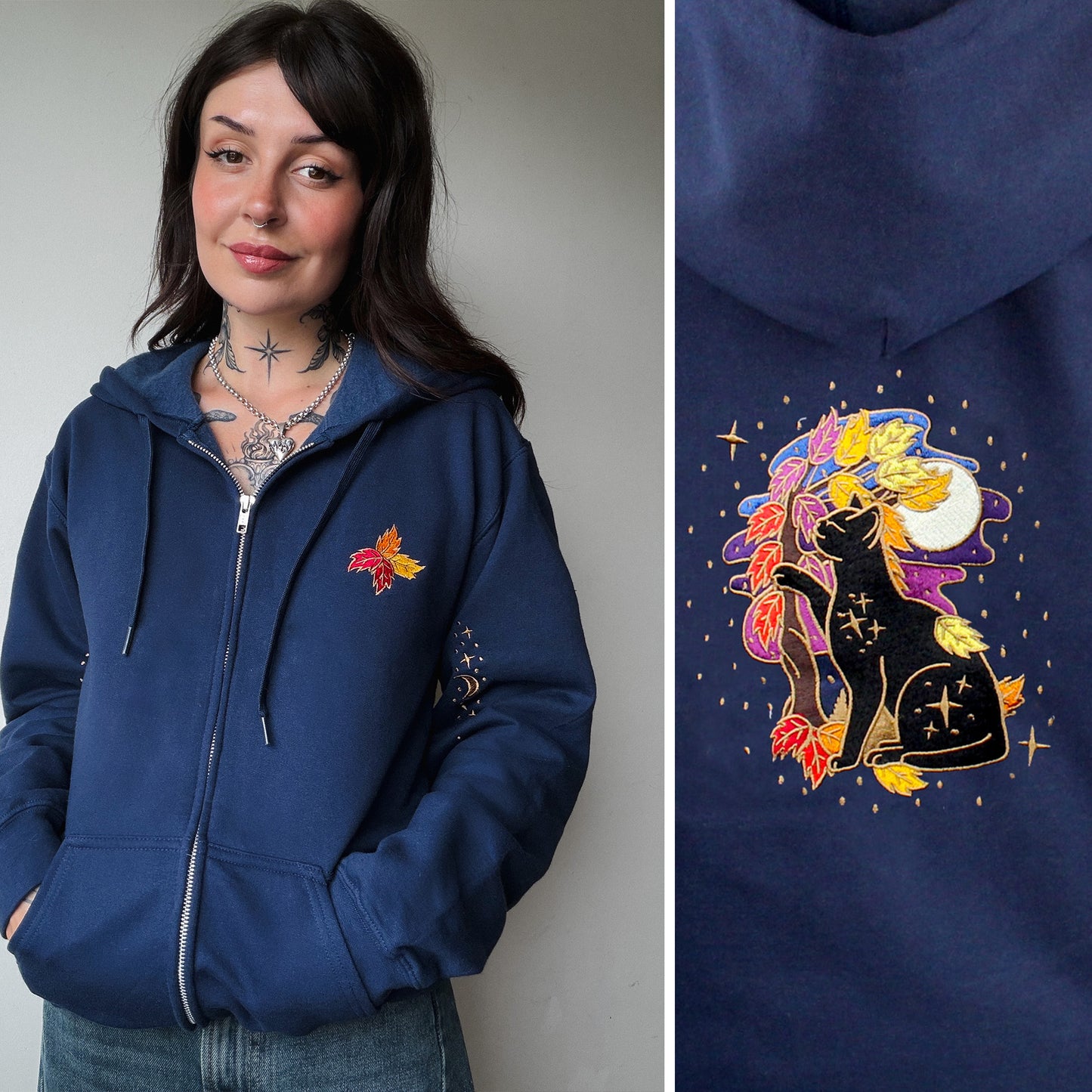 Fall Night Forest Cat Embroidered Zip-up Hoodie