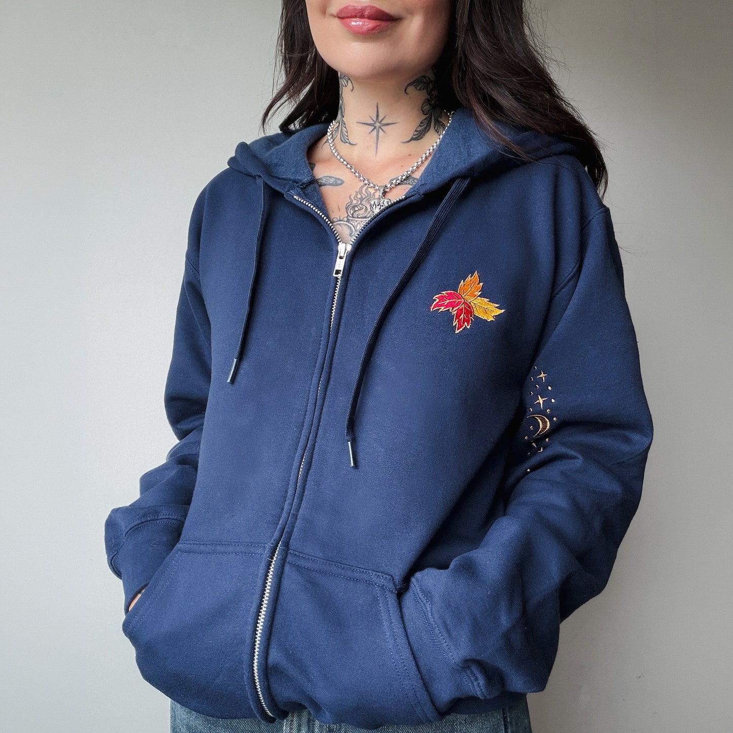 Fall Night Forest Cat Embroidered Zip-up Hoodie