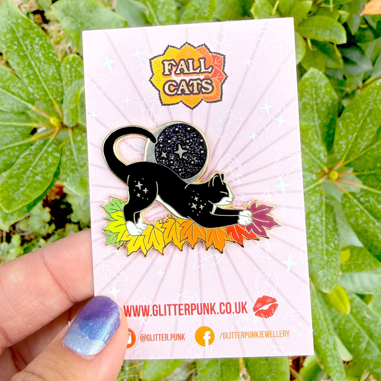 Fall Moon Cat Enamel Pin in Grey Tabby and Tuxedo – Autumn & Fall Collection