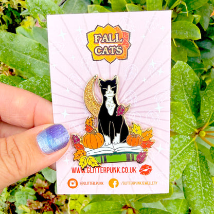Fall Book Cat Enamel Pin in Ginger and Tuxedo – Autumn & Fall Collection