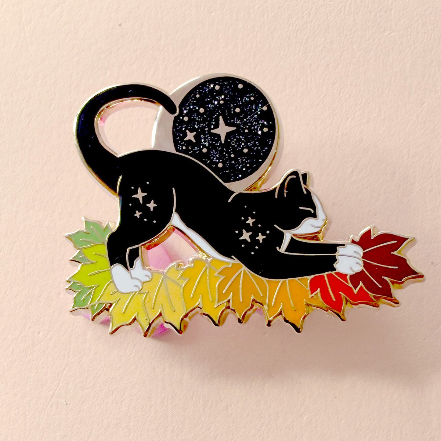 Fall Moon Cat Enamel Pin in Grey Tabby and Tuxedo – Autumn & Fall Collection