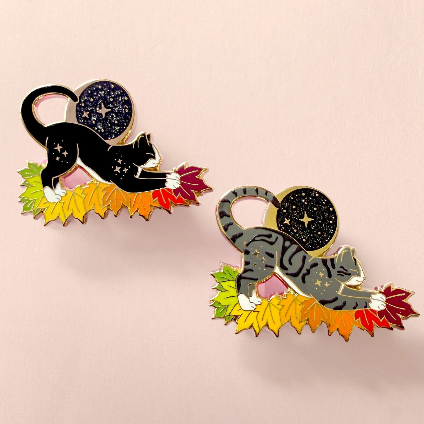 Fall Moon Cat Enamel Pin in Grey Tabby and Tuxedo – Autumn & Fall Collection