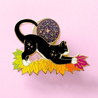 Fall Moon Cat Enamel Pin in Grey Tabby and Tuxedo – Autumn & Fall Collection
