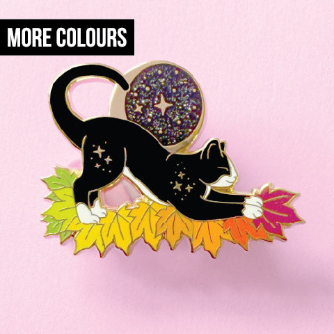 Fall Moon Cat Enamel Pin in Grey Tabby and Tuxedo – Autumn & Fall Collection