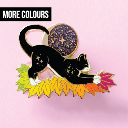 Fall Moon Cat Enamel Pin in Grey Tabby and Tuxedo – Autumn & Fall Collection