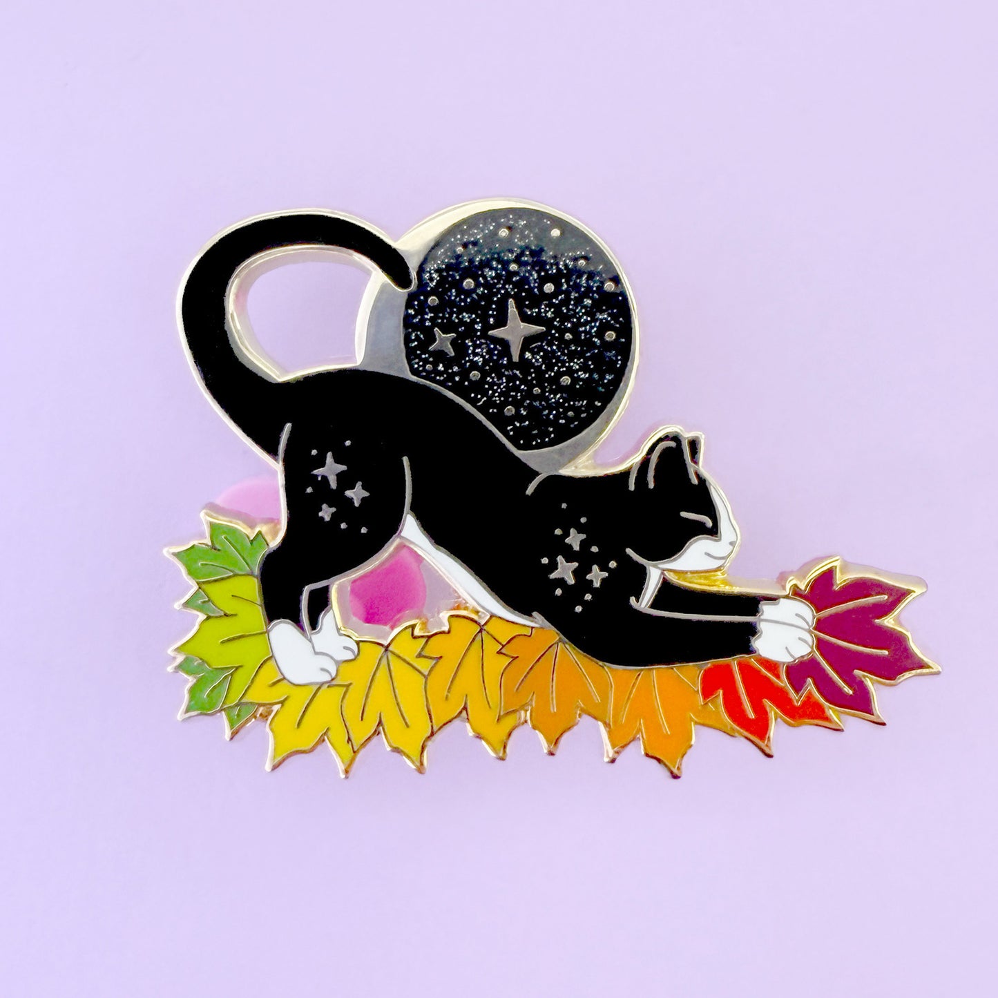 Fall Moon Cat Enamel Pin in Grey Tabby and Tuxedo – Autumn & Fall Collection