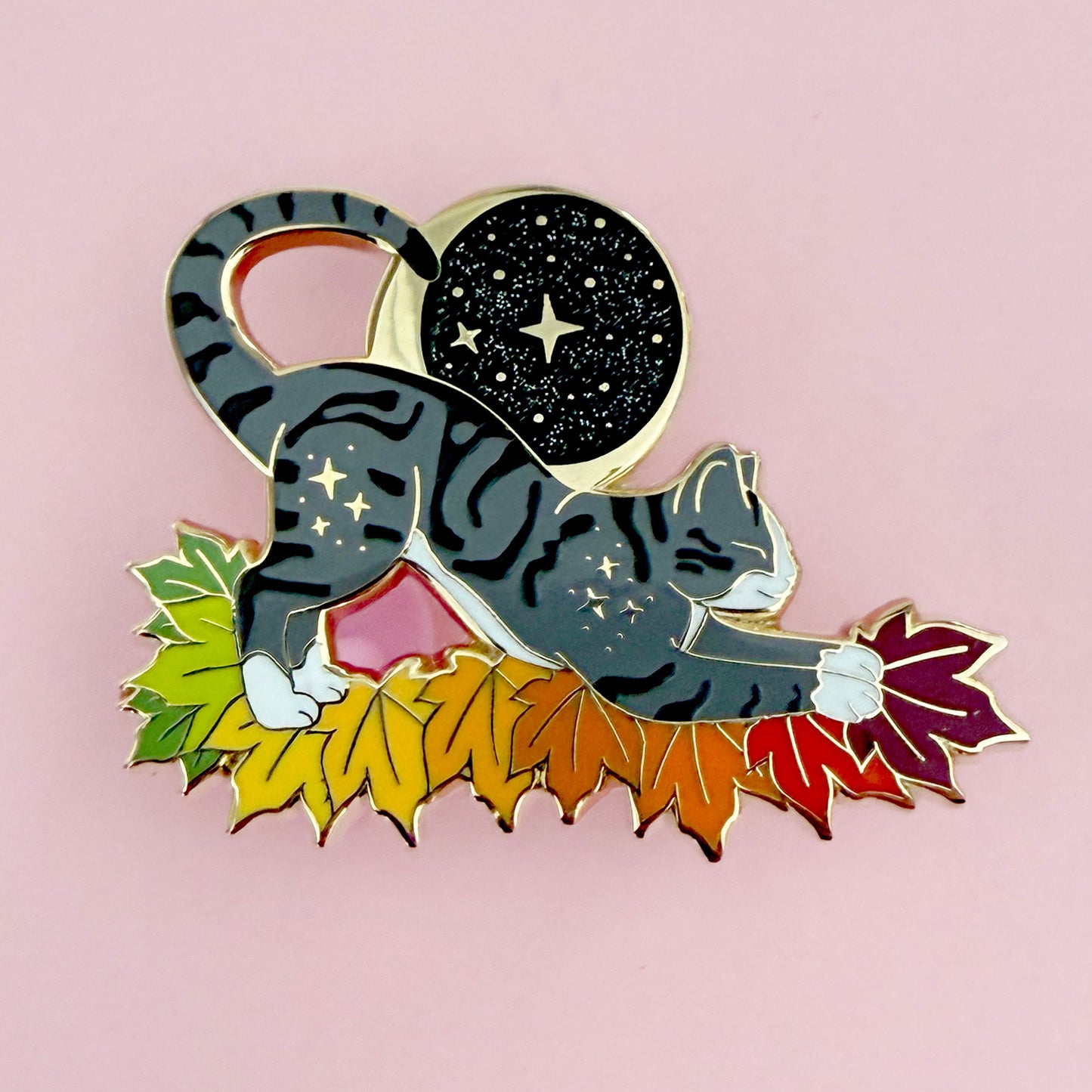 Fall Moon Cat Enamel Pin in Grey Tabby and Tuxedo – Autumn & Fall Collection