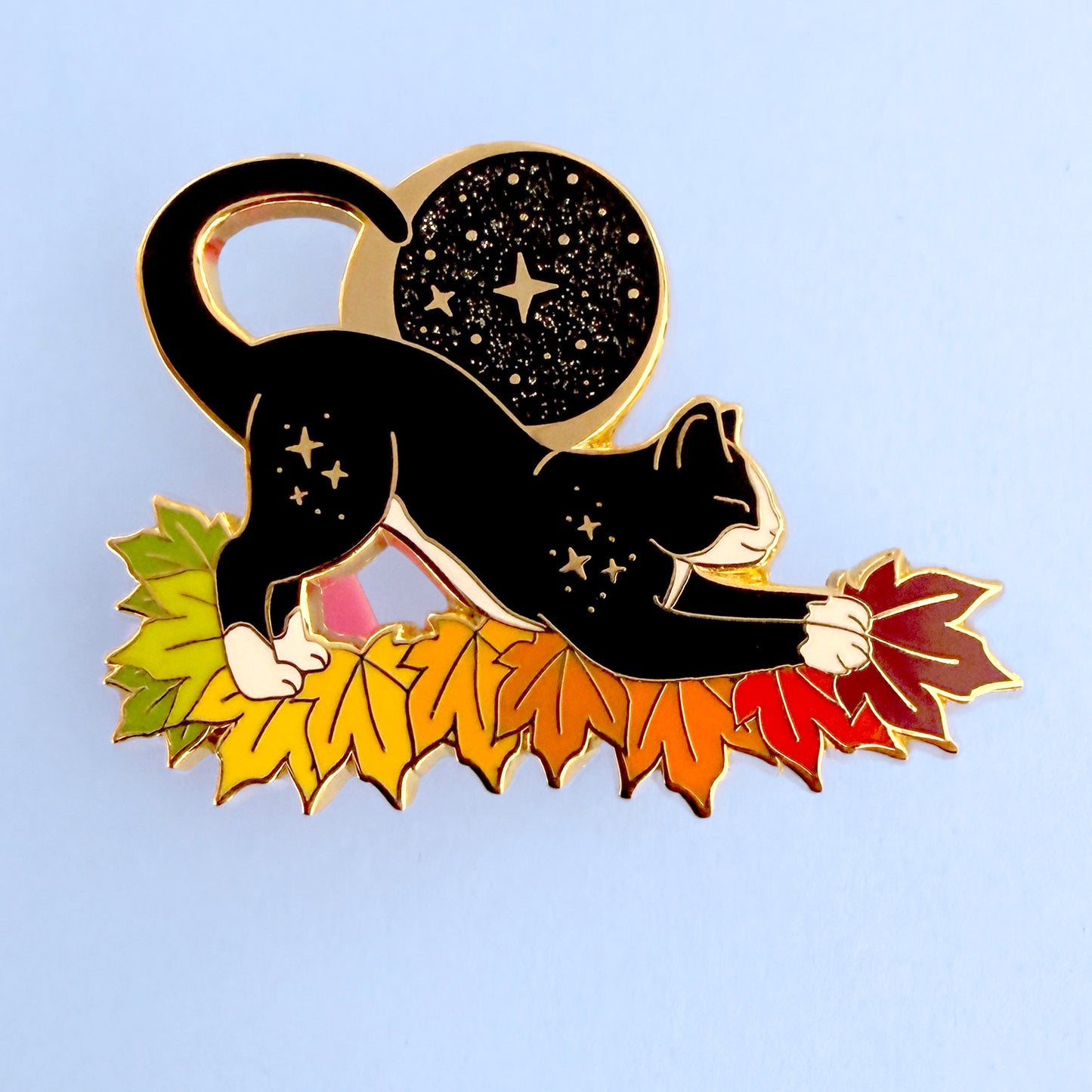 Fall Moon Cat Enamel Pin in Grey Tabby and Tuxedo – Autumn & Fall Collection