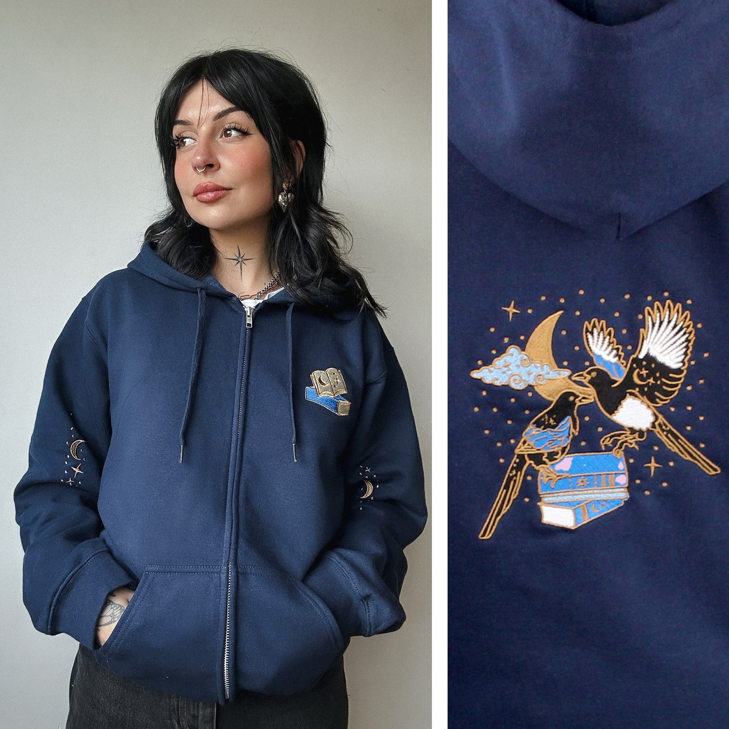 Literary Magpies Embroidered Zip-up Hoodie