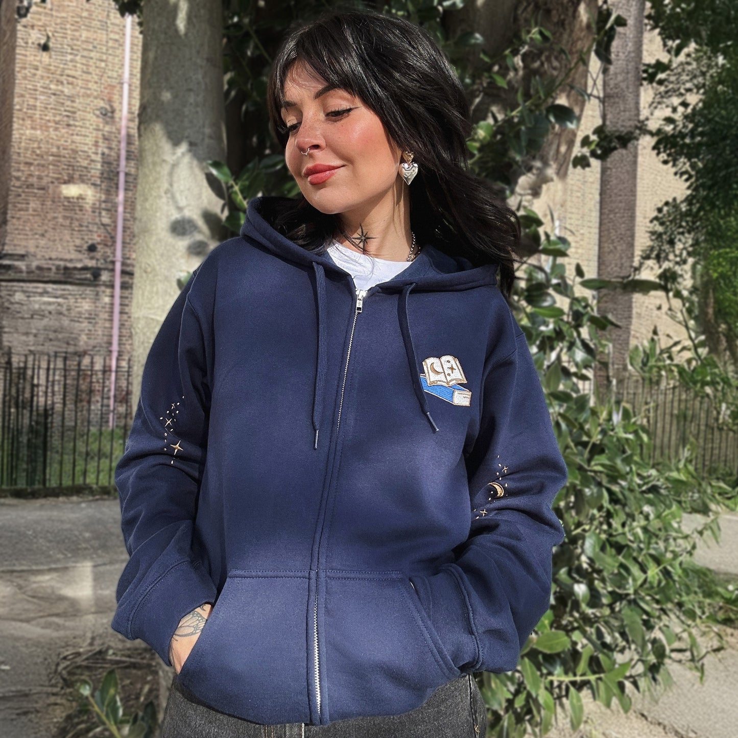 Literary Magpies Embroidered Zip-up Hoodie