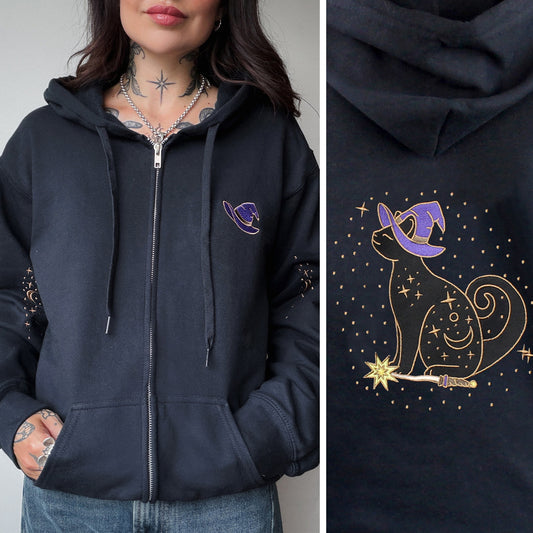 Magic Cat Embroidered Zip-up Hoodie