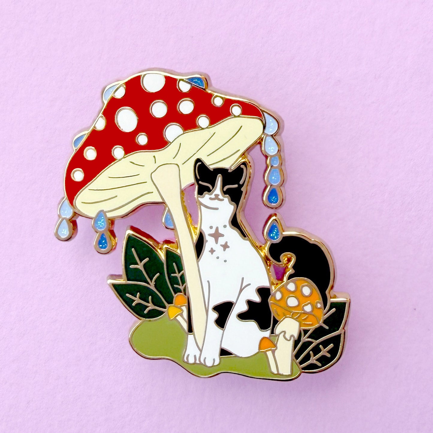 Black & White Mushroom Cat Enamel Pin – Autumn and Fall Collection