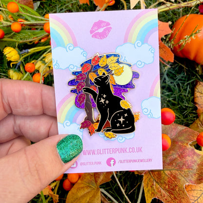 Night Forest Cat Enamel Pin – Autumn & Fall Collection