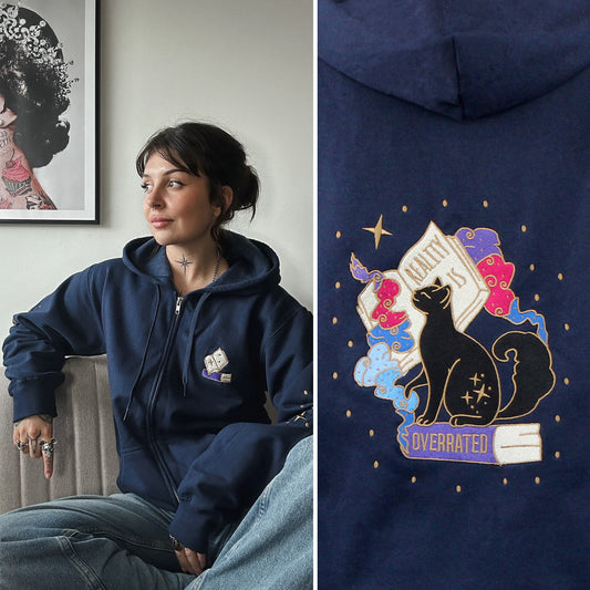 Reality is Overrated Cat Embroidered Zip-up Hoodie