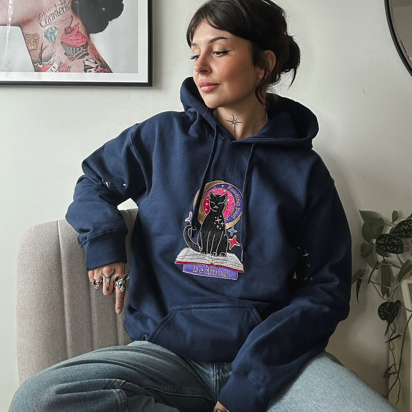 Reading Past Bedtime Cat Embroidered Pullover Hoodie