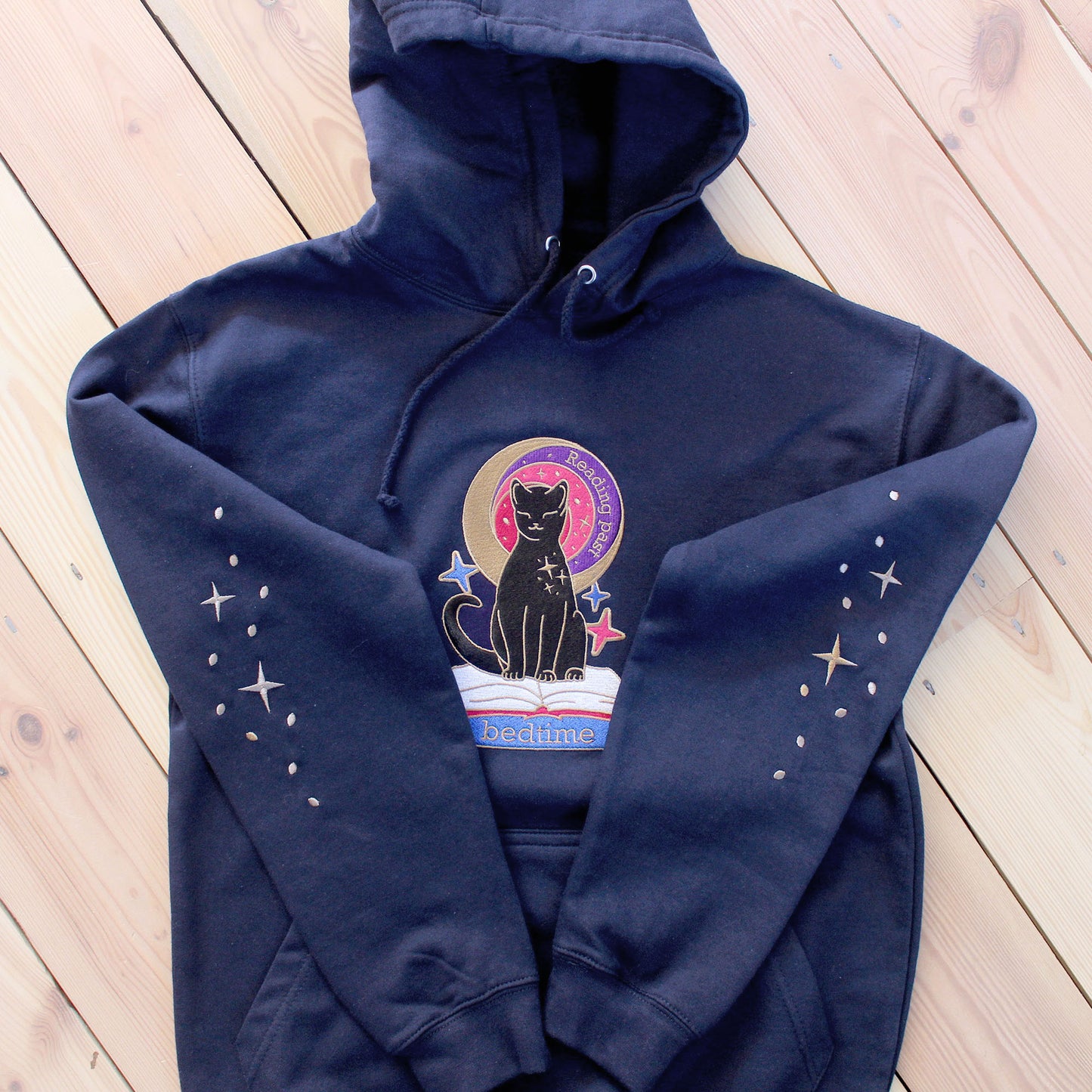 Reading Past Bedtime Cat Embroidered Pullover Hoodie