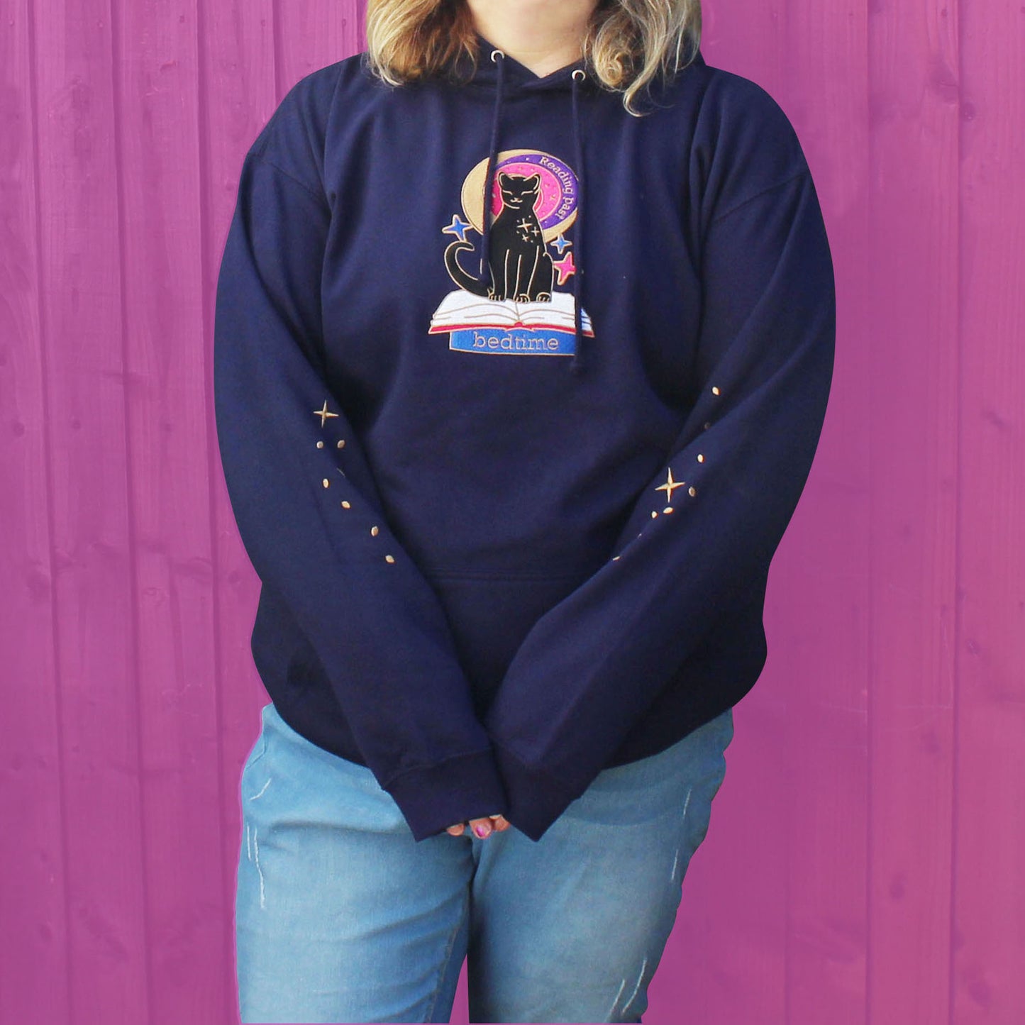 Reading Past Bedtime Cat Embroidered Pullover Hoodie