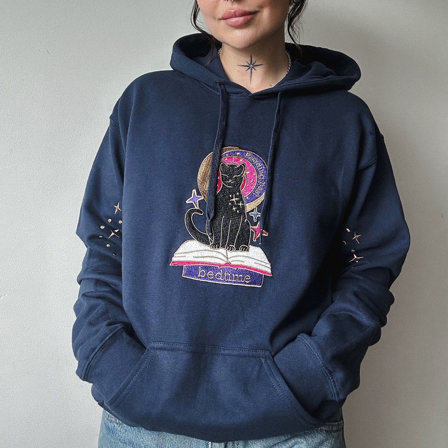 Reading Past Bedtime Cat Embroidered Pullover Hoodie