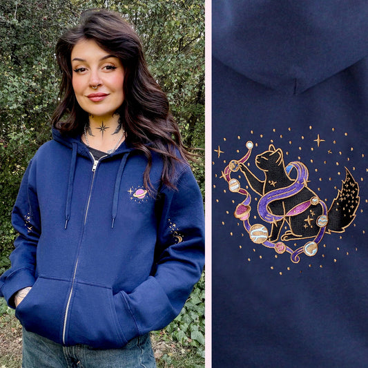 Solar Cat Embroidered Zip-up Hoodie
