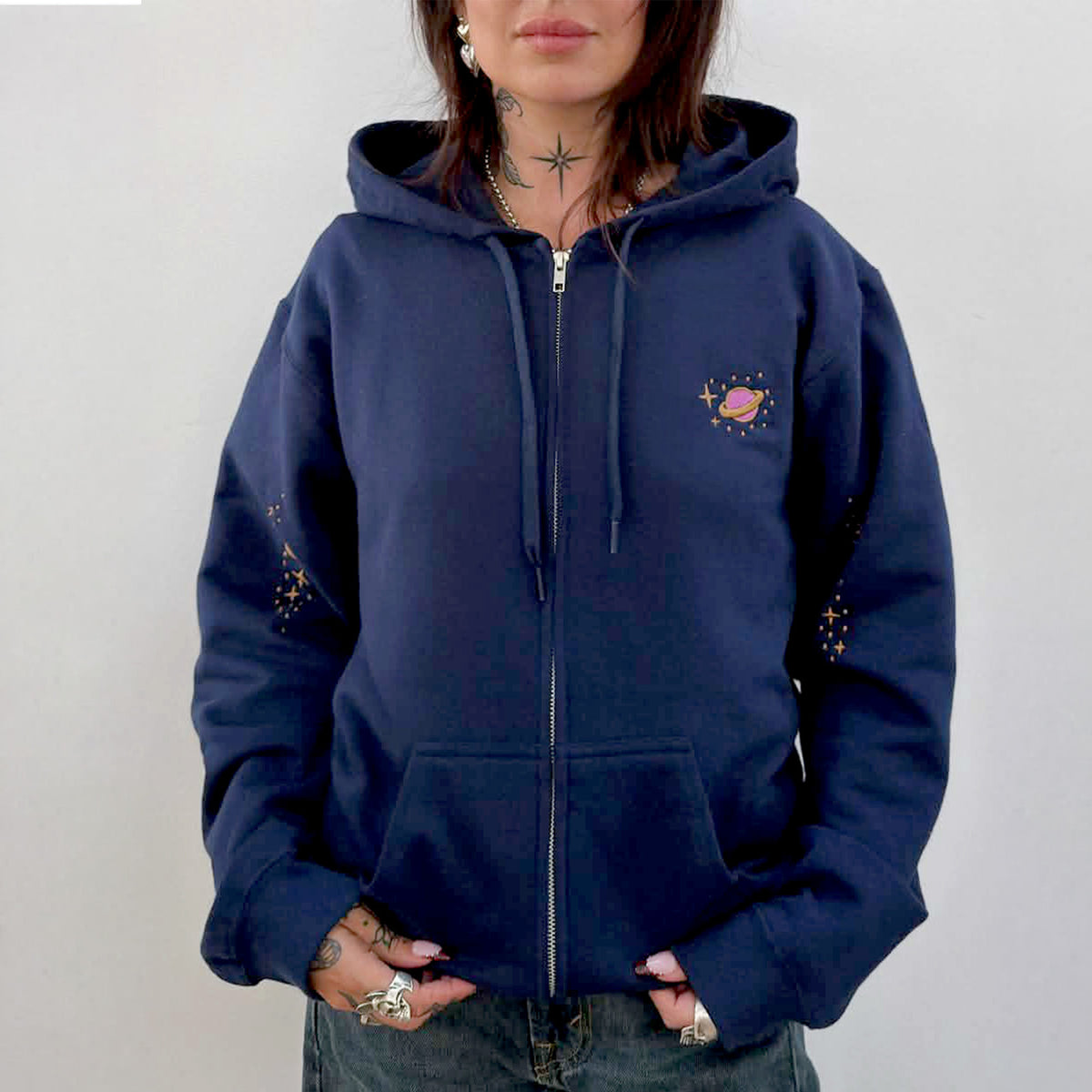 Solar Cat Embroidered Zip-up Hoodie