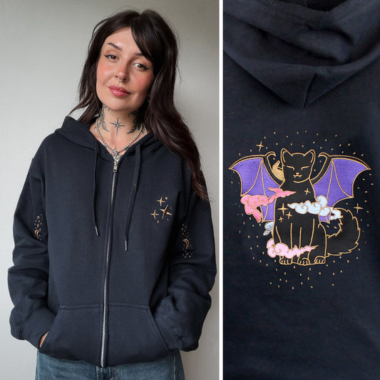 Vampire Cat Embroidered Zip-up Hoodie