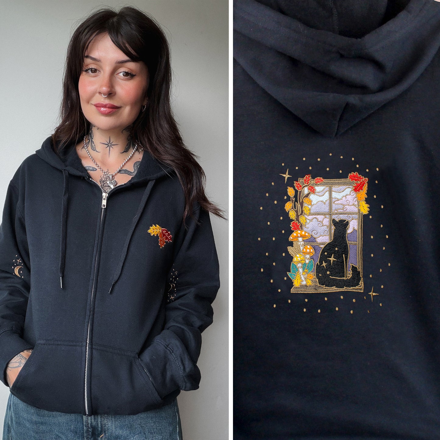 Window Cat Embroidered Zip-up Hoodie